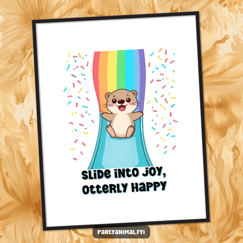 Funny Free Printable wall art: otter sliding gleefully down a vibrant rainbow confetti slide, full of joy.