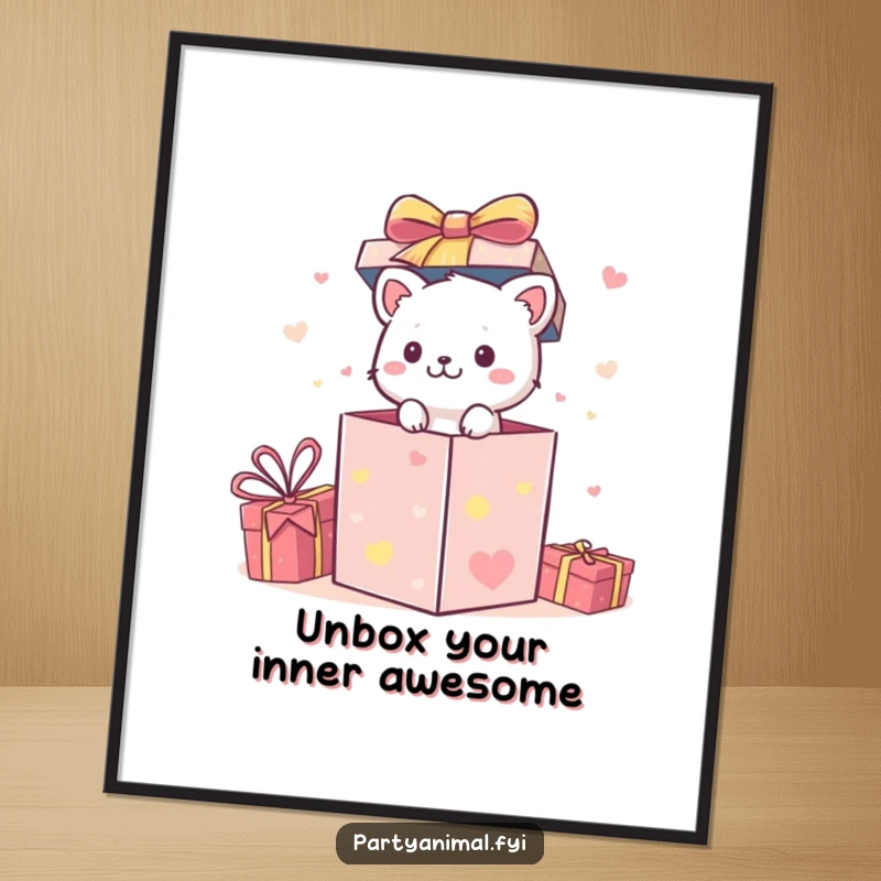 Funny Free Printable Wall Art: Small animal character bursting out of a festive gift box with excitement, bringing a cheerful, surprising element. Downloadable art.