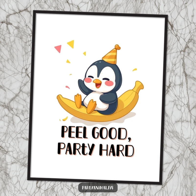 Whimsical free printable wall art capturing a giggling penguin character having a comical slide on a banana peel at a party.