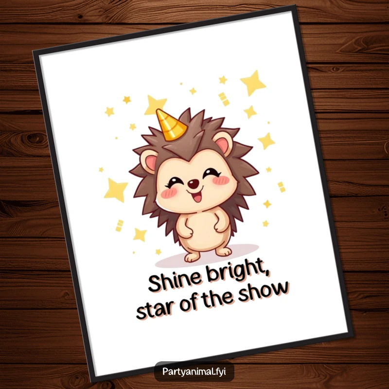 Funny Free Printable wall art: a joyful hedgehog glowing amidst a shower of floating, shimmering party stars.