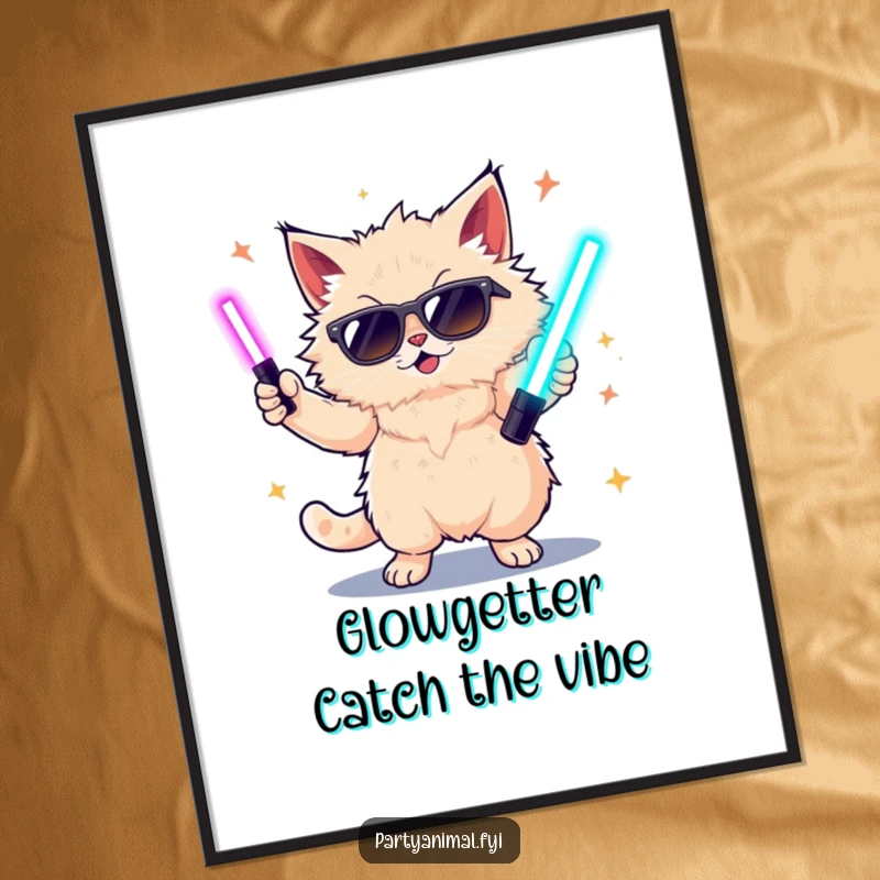 Free printable wall art of a fluffy cat wearing sunglasses, wildly dancing with glow sticks, full of energy and fun.