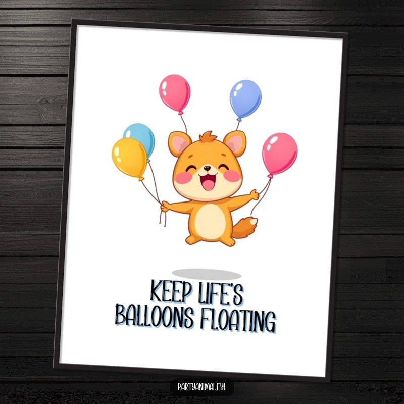 Funny Free Printable Wall Art: Cute animal character juggling brightly colored balloons with a huge smile, creating a cheerful vibe. Downloadable art.