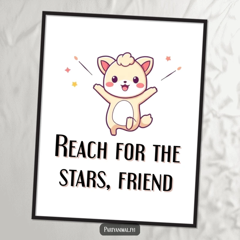 Free Printable Wall Art of an ecstatic animal character mid-jump with streamers flowing, adding a sense of celebration to your decor.