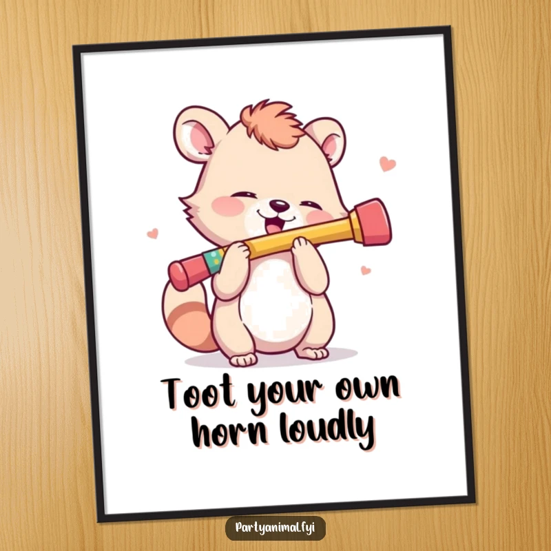 Funny Free Printable Wall Art: Animal character enthusiastically playing a tiny, colorful kazoo, creating a vibrant and joyful atmosphere. Downloadable art.