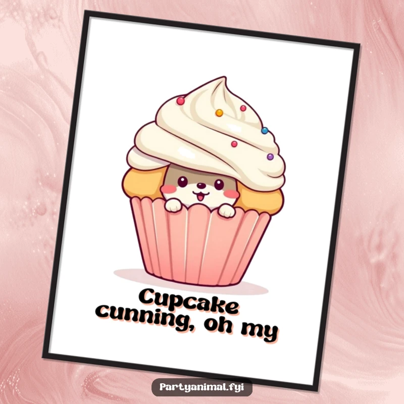 Funny Free Printable Wall Art: A mischievous animal peeks from behind a colossal cupcake, a delightful and quirky downloadable art.