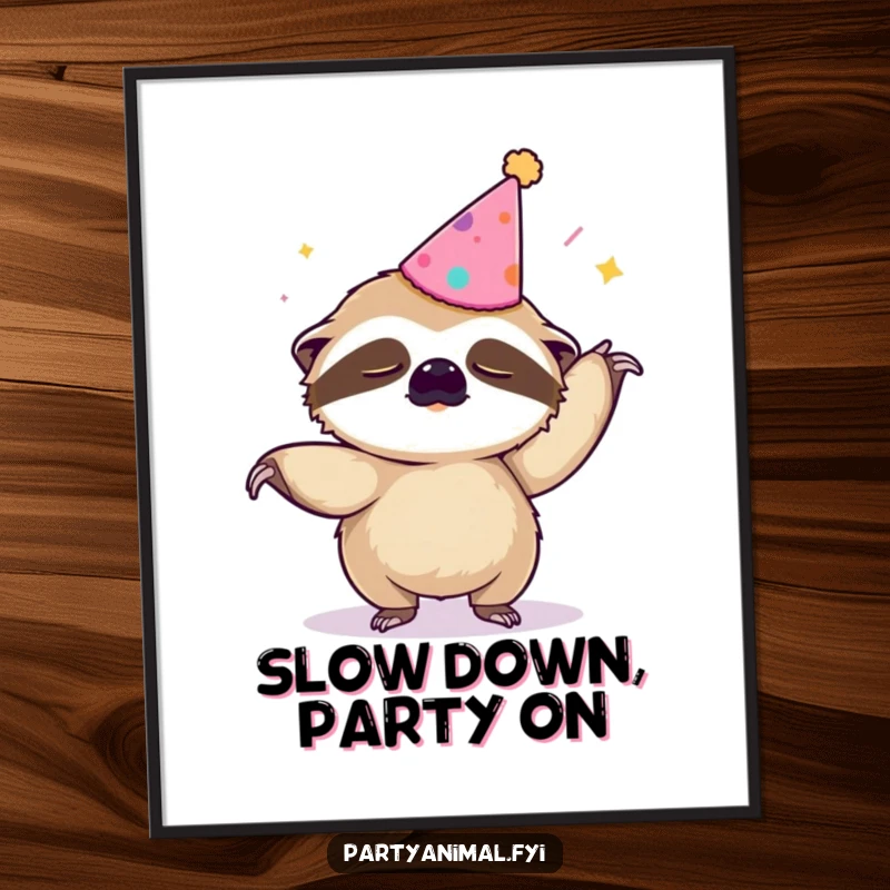 Free printable wall art of a sleepy sloth wearing a party hat, attempting the macarena with slow, comical movements.