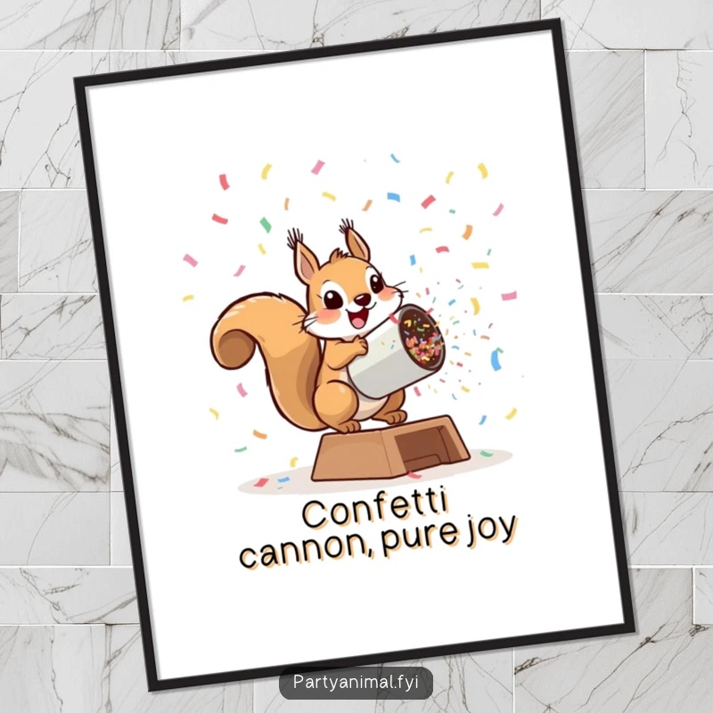 Funny Free Printable Wall Art: A playful squirrel launching explosively from a giant confetti cannon, creating a vibrant, fun spectacle.