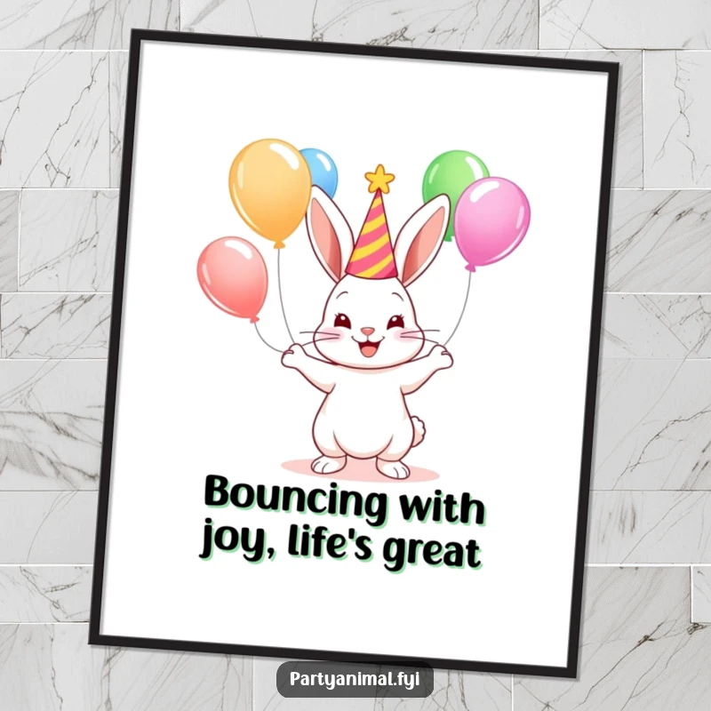 Funny Free Printable Wall Art: A cute bunny in a party hat masterfully juggles a bunch of colorful balloons.