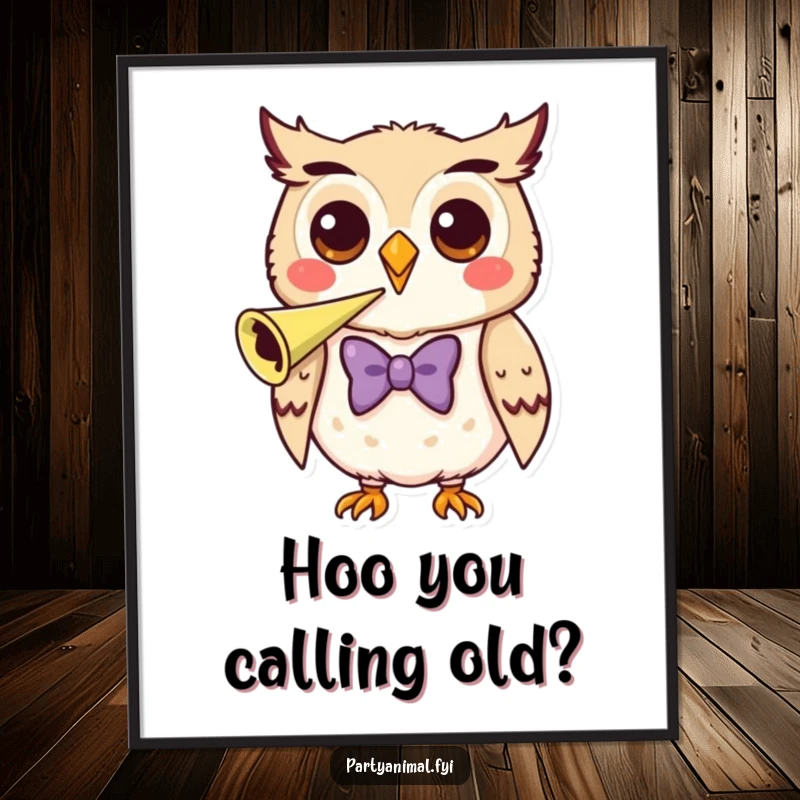 Funny Free Printable Wall Art: A happy, dapper owl in a bow tie blows a party horn, exuding festive energy.