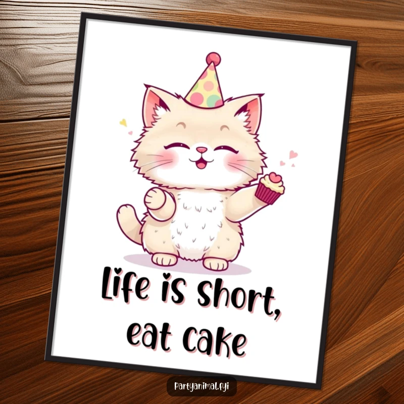 Funny Free Printable Wall Art: A fluffy cat in a party hat skillfully juggles several tiny cupcakes, whimsical room decor.