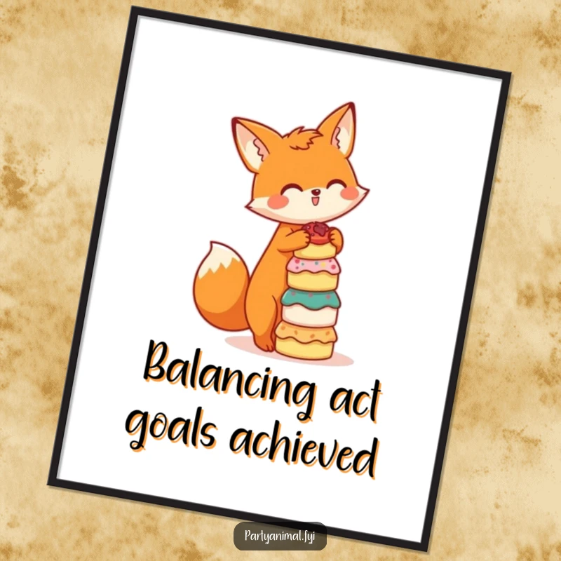 Funny free printable wall art of a cute orange fox character balancing a precarious stack of tiny cakes, looking proud and playful.