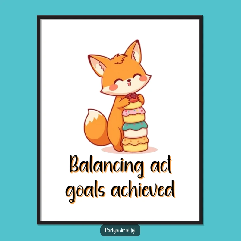 Funny Free Printable Wall Art: Playful Fox Balancing Cakes, Downloadable Decor