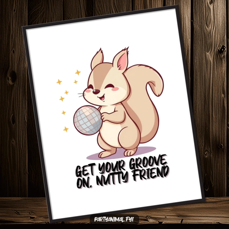 Funny Free Printable Wall Art: A squirrel with a tail wrapped around a disco ball, creating a vibrant party atmosphere.