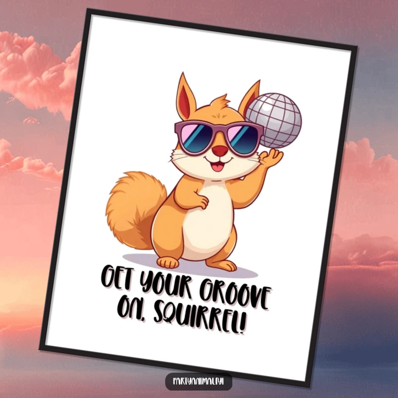 Funny Free Printable Wall Art: Squirrel in sunglasses holding a shiny disco ball, radiating party energy, downloadable art.