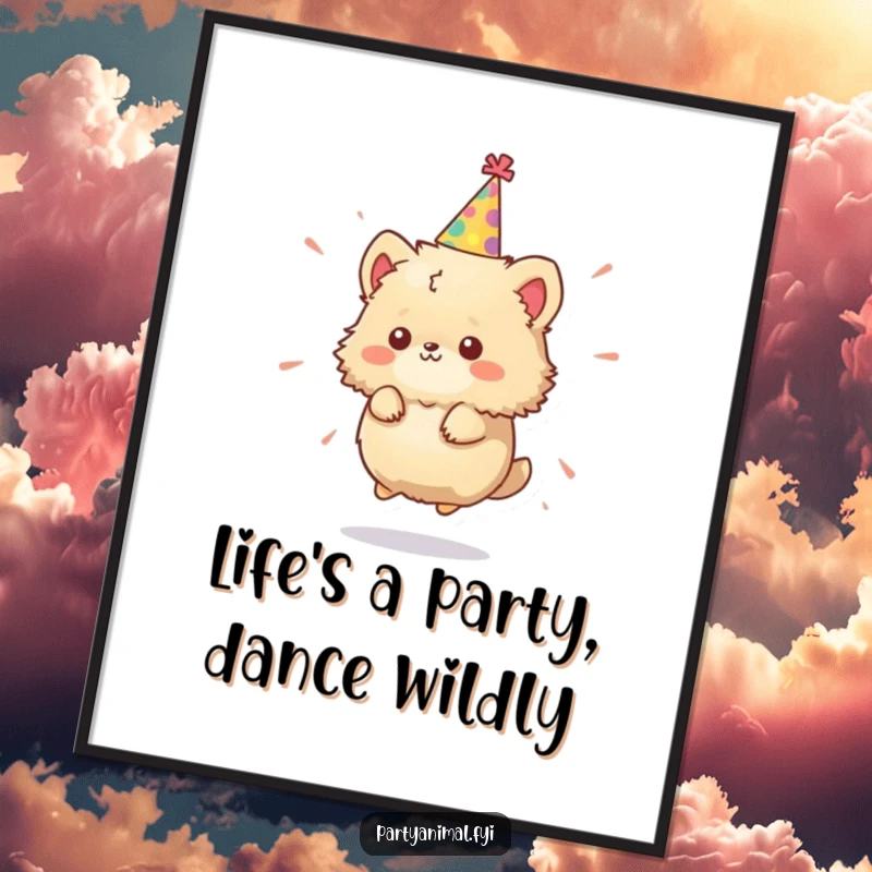 Funny Free Printable Wall Art: Tiny fluffy animal wearing a party hat spinning crazily, bringing festive energy. Hilarious downloadable decor.