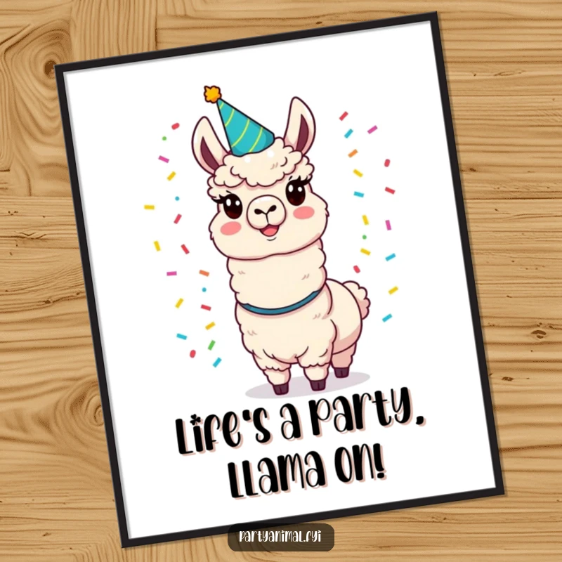 Funny Free Printable Wall Art: Energetic llama in party hat juggling colorful confetti, a whimsical piece of downloadable art.