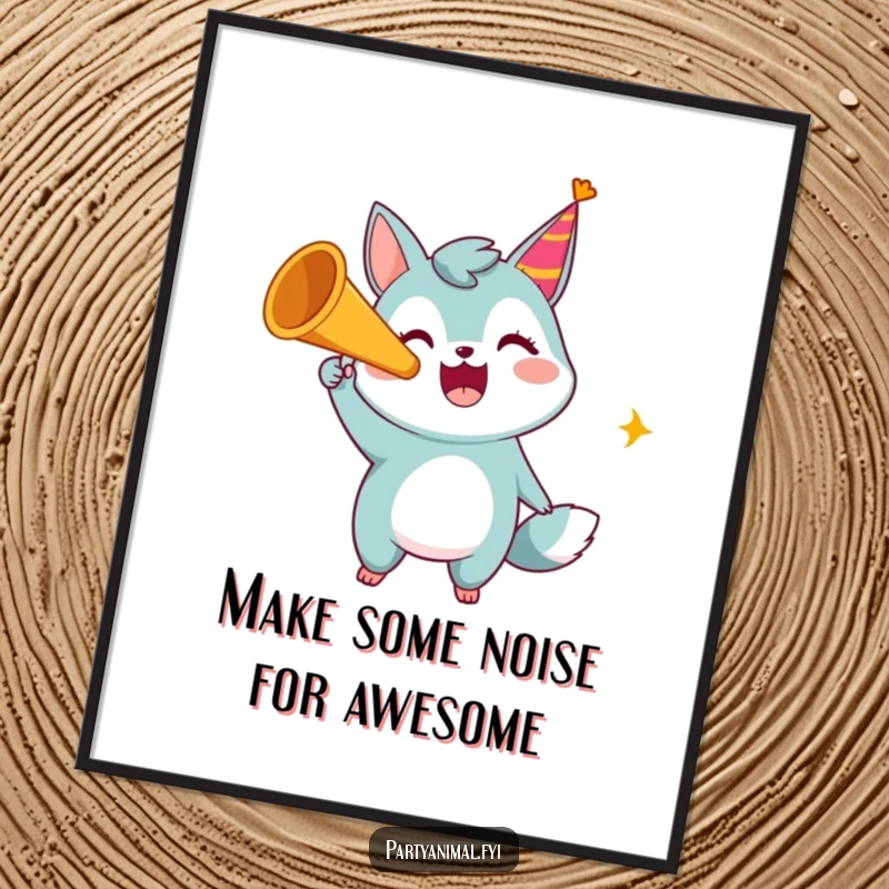 Free Printable Wall Art of a gleeful animal character loudly honking a party horn, bringing an atmosphere of festive celebration.