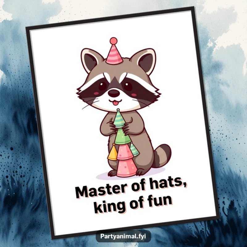 Funny Free Printable Raccoon Wall Art: A mischievous raccoon balancing an impressive stack of tiny party hats.