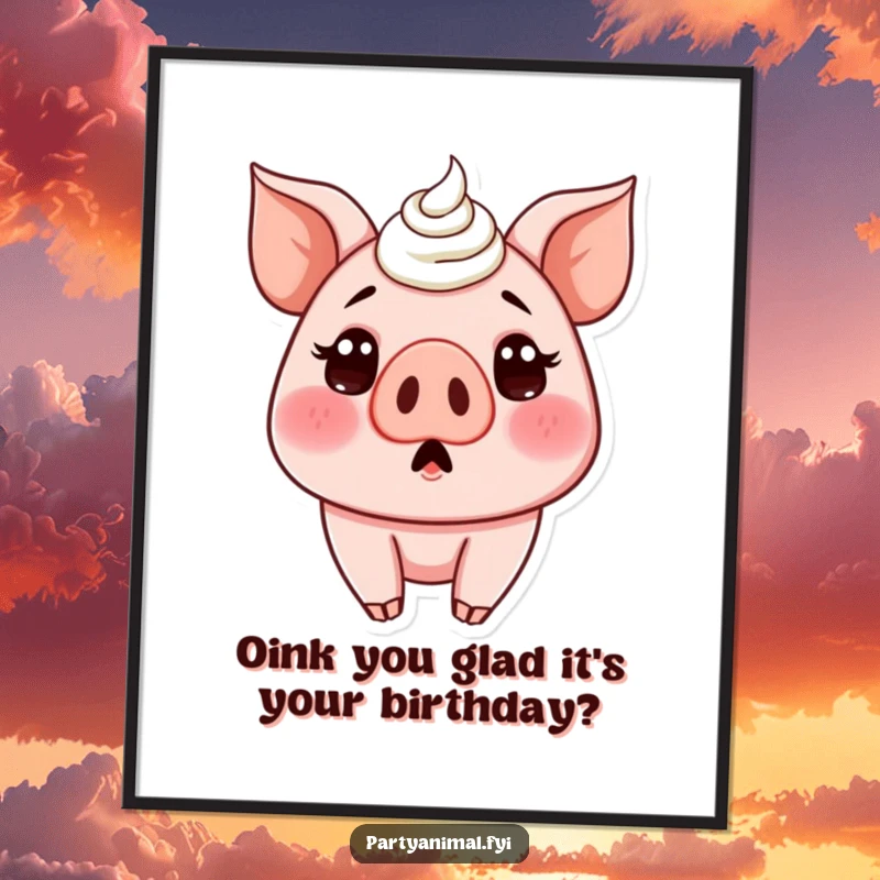 Funny Free Printable Wall Art: A close-up of a pig with cake frosting all over its snout, looking surprised.