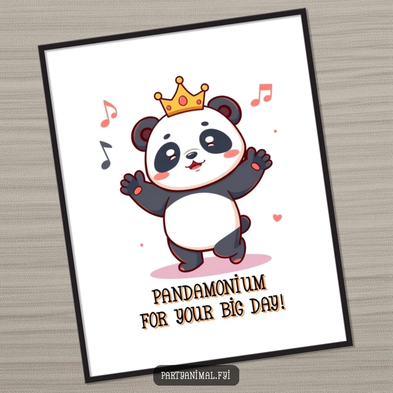 Funny Free Printable Wall Art: A panda adorned with a small crown, captured mid-dance with a joyful, groovy vibe.