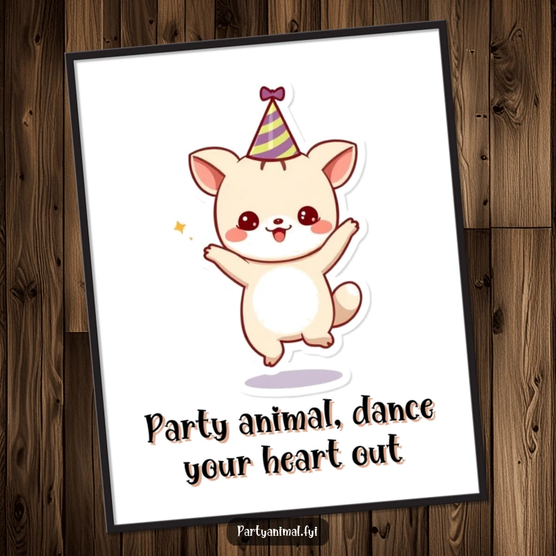 Funny Free Printable Wall Art depicting a cute animal character dancing joyfully with a party hat, adding a fun and festive vibe.