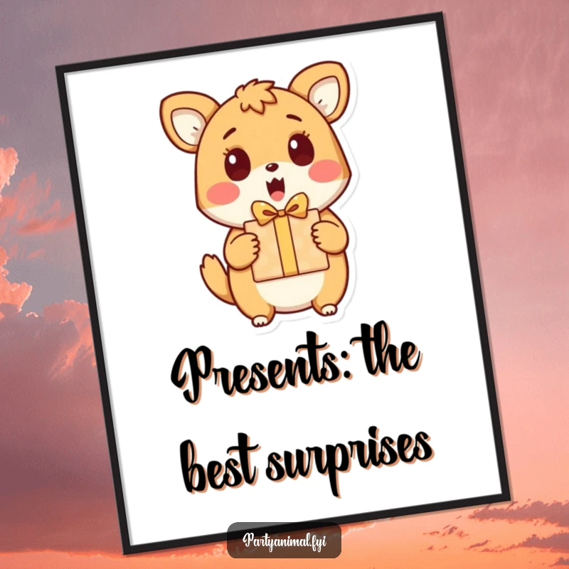 Free Printable Wall Art featuring a wide-eyed, surprised animal character holding a gift, adding a humorous and unexpected element to decor.