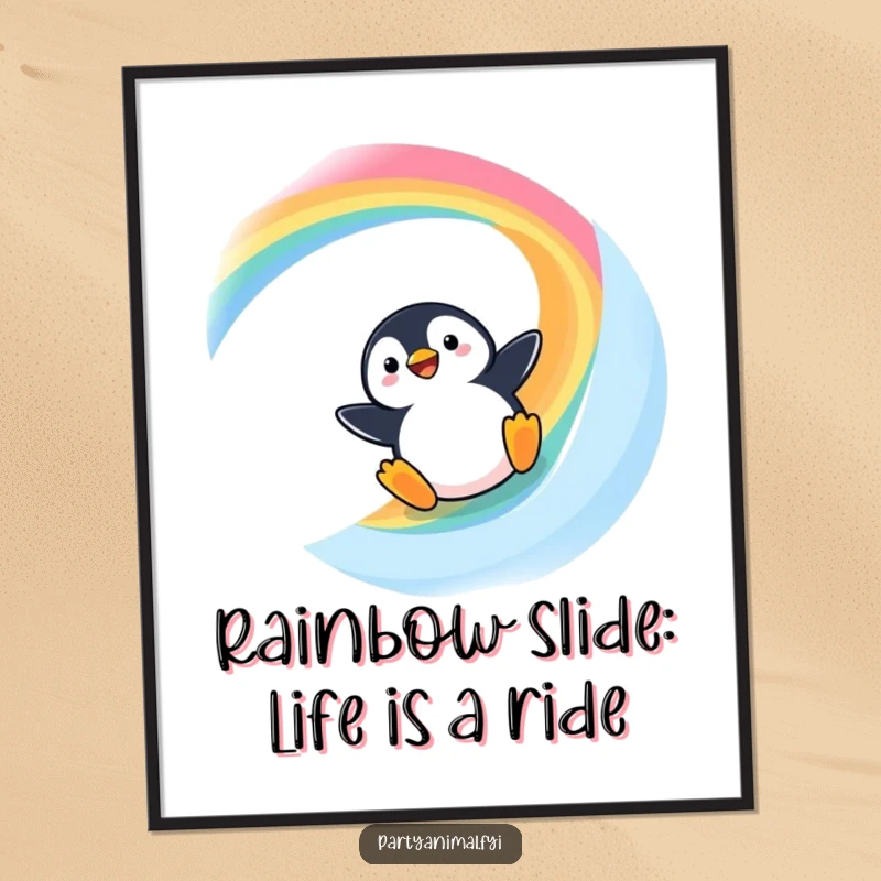 Free Printable wall art of a whimsical Kawaii penguin joyfully sliding down a bright rainbow slide, bringing fun.
