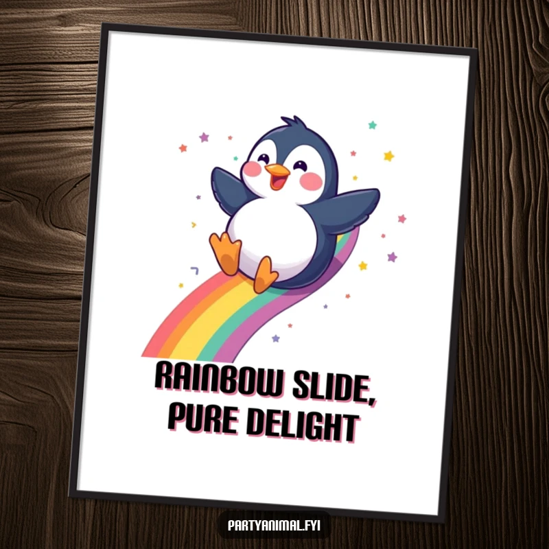 Funny Free Printable Wall Art: A gleeful penguin sliding down a radiant rainbow with a shimmering confetti trail, bringing whimsical joy.