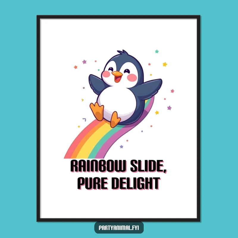 Free Printable Wall Art: Penguin on Rainbow Slide, Hilarious Downloadable Decor for Whimsical Vibes