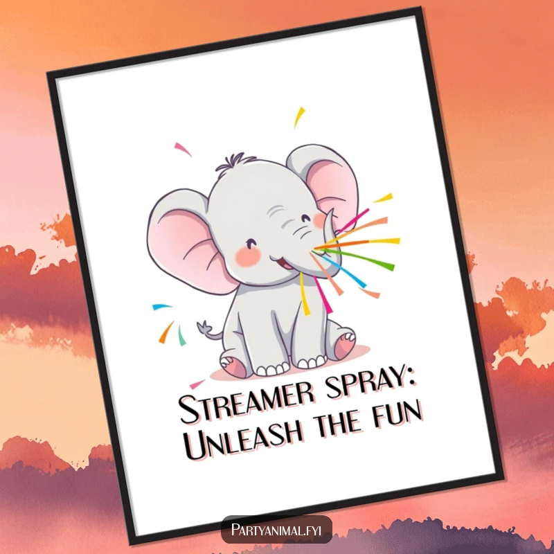 Free Printable wall art of a happy Kawaii elephant playfully spraying a cascade of colorful streamers from its trunk.