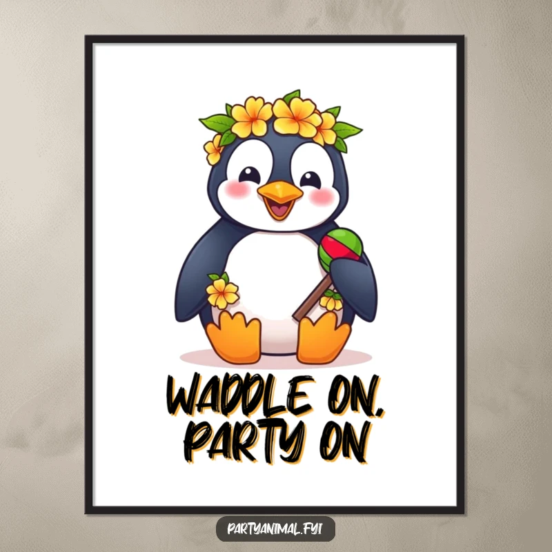 Free printable wall art of a cheerful penguin wearing a tiny lei and holding maracas, radiating festive energy.