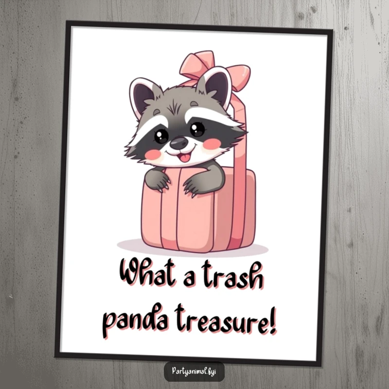 Funny Free Printable Wall Art: Giggling raccoon peeking from behind a giant, unwrapped gift, a whimsical piece of downloadable art.