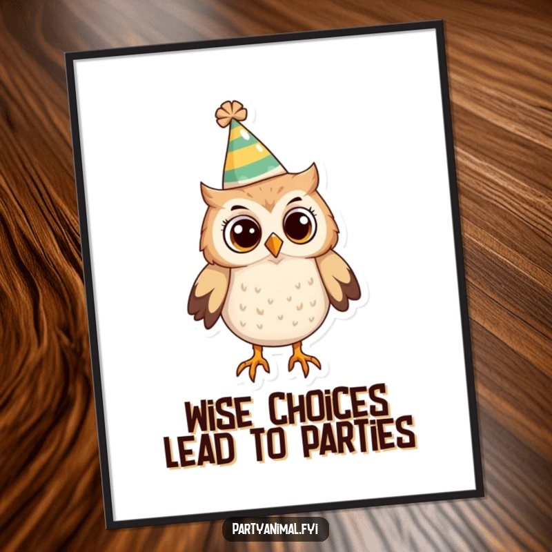 Funny Free Printable Wall Art of a curious owl character wearing a comical party hat and scanning its surroundings.