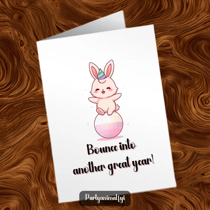 Funny Free Printable Birthday Card of a fluffy pink bunny in a party hat, joyfully bouncing on a sparkling disco ball.