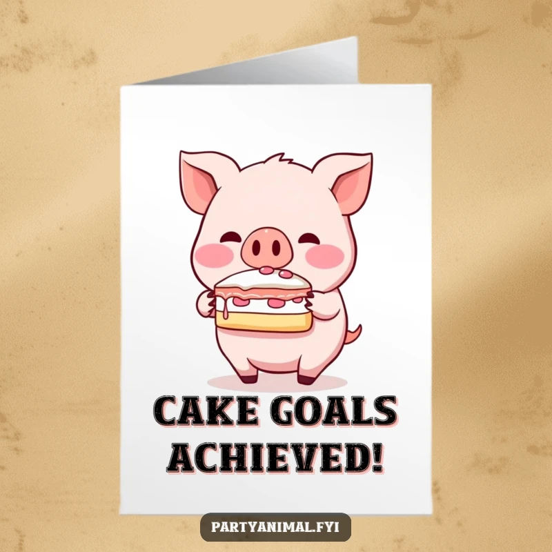Funny Free Printable Birthday Card: A blushing pig character precariously balances a delicious slice of cake on its snout.