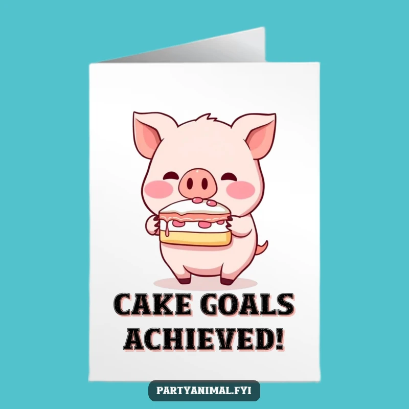 Free Printable Pig Birthday Card: Cake Snout Balance Funny Downloadable Gift