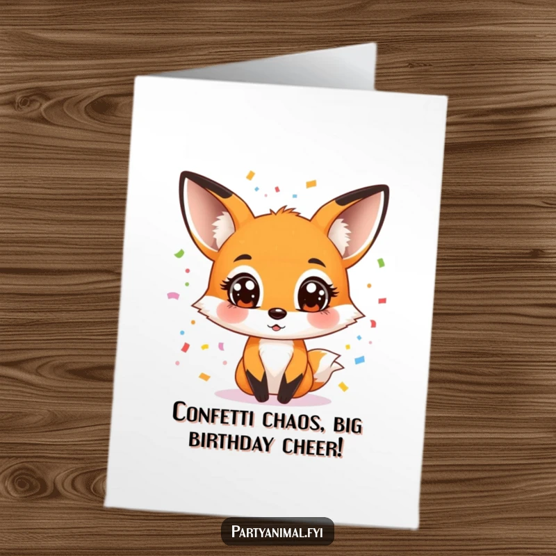 Funny Free Printable Birthday Card: Wide-eyed fox hilariously juggles colorful confetti, ready to party.