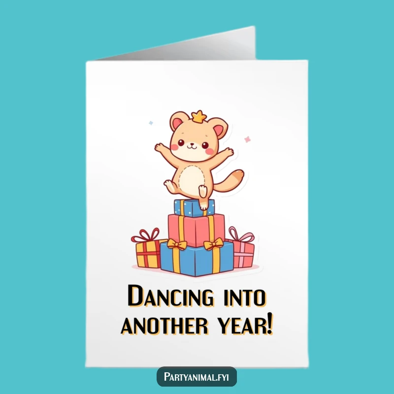 Free Printable Birthday Card: Dancing Animal on Presents Fun Downloadable Gift