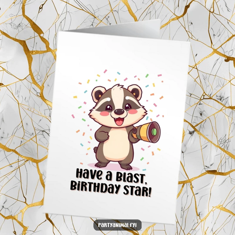 Funny Free Printable Birthday Card featuring a delighted badger dramatically bursting out of a confetti cannon.