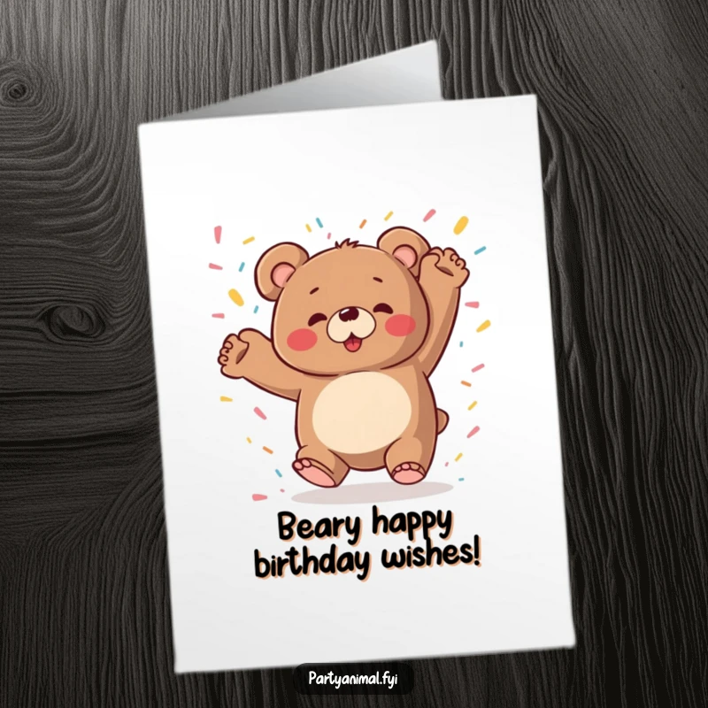 Funny Free Printable Birthday Card: A chubby bear dancing energetically with confetti falling all around it.