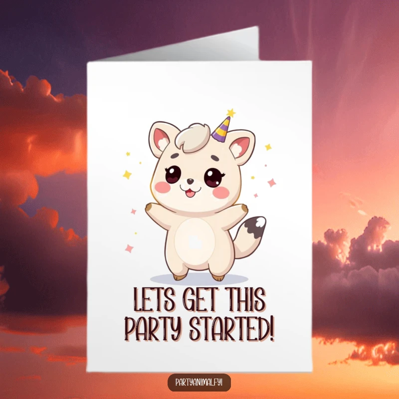 Funny Free Printable Birthday Card: An excited animal bounces joyfully surrounded by colorful, flashing party lights.