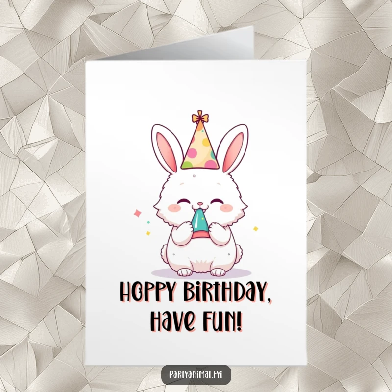 Funny Free Printable Birthday Card: A fluffy bunny wearing a party hat joyfully blows a noisemaker, radiating pure birthday excitement.