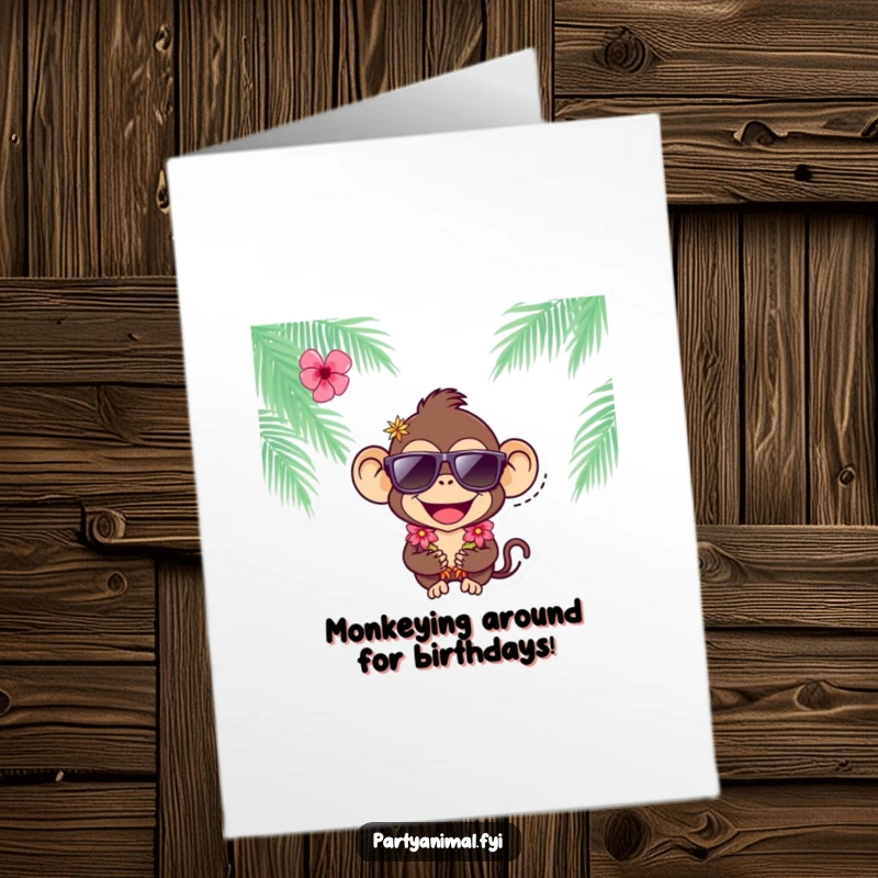 Funny free printable birthday card featuring a joyful monkey wearing sunglasses and a lei, ready for a party.