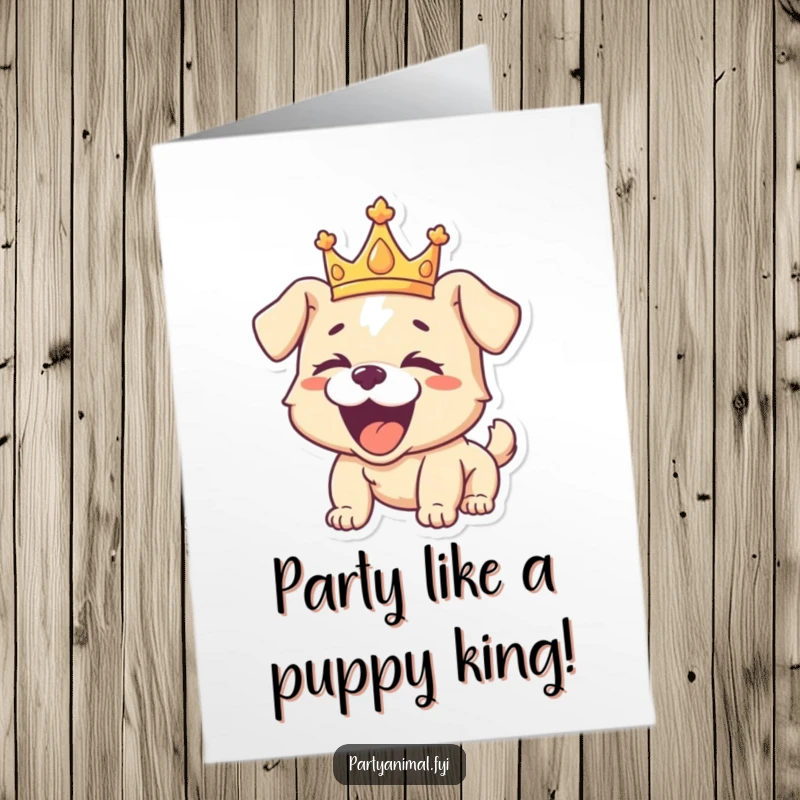 Funny Free Printable birthday card: playful puppy wearing a golden crown, roaring with infectious laughter, joyful celebration.