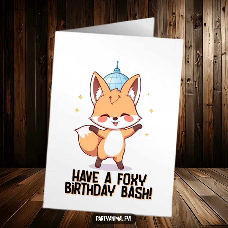 Funny Free Printable Birthday Card: A giggling fox dances gleefully under a sparkling disco mirror ball, ready to celebrate.