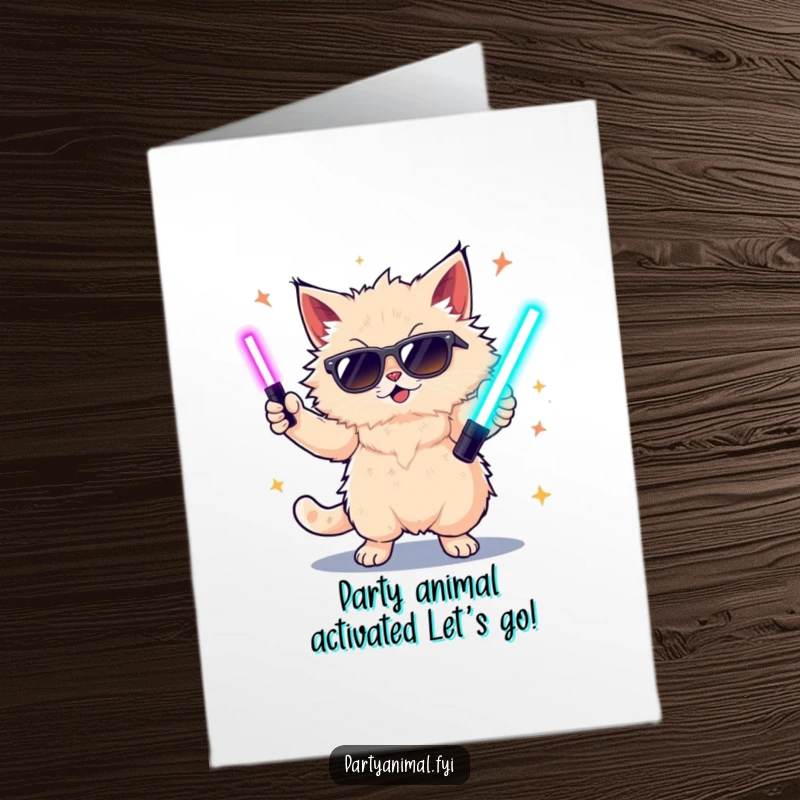 Funny free printable birthday card featuring a fluffy cat in sunglasses dancing with glow sticks, radiating pure party joy.