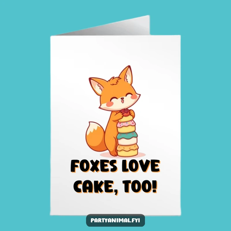 Free Printable Birthday Card: Funny Fox With Cakes, Downloadable Digital Gift Card
