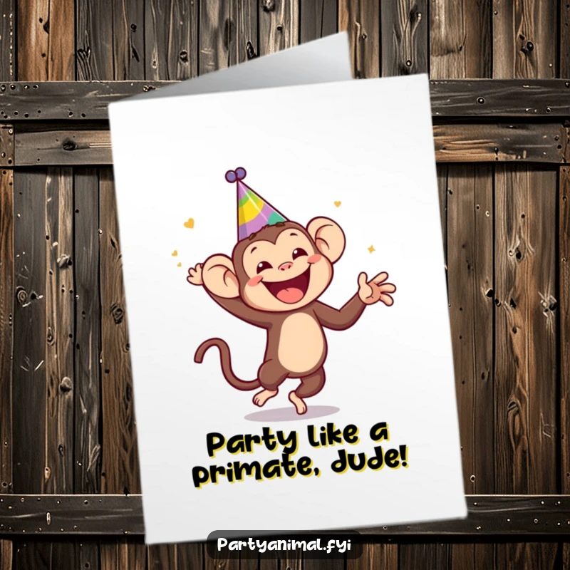 Funny Free Printable Birthday Card: A jubilant monkey in a silly hat, dancing wildly with pure joy and hilarious energy.
