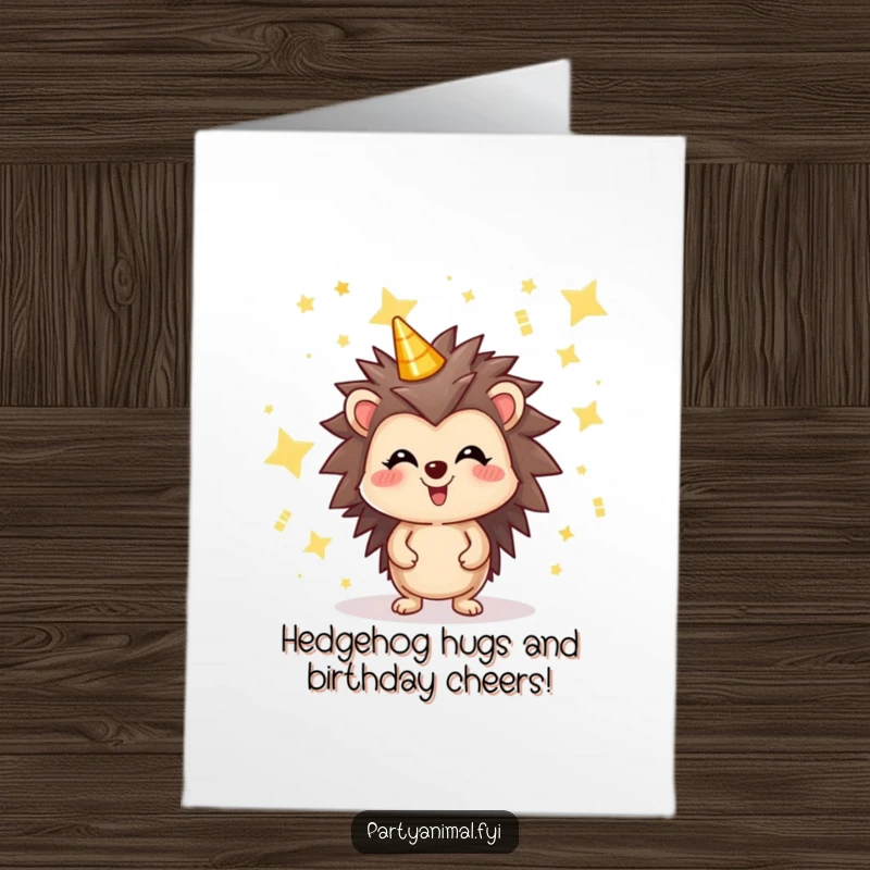 Funny Free Printable birthday card: joyful hedgehog surrounded by floating, shimmering party stars, celebrating vibrantly.