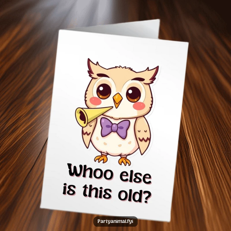 Funny Free Printable Birthday Card: Happy owl character in a bow tie joyfully blows a party horn, celebrating.